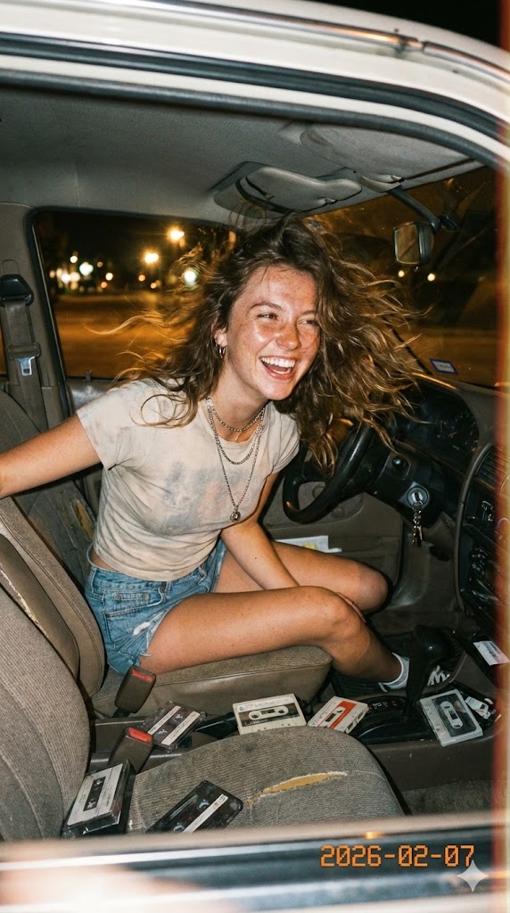 九十年代复古闪光灯下的副驾女孩