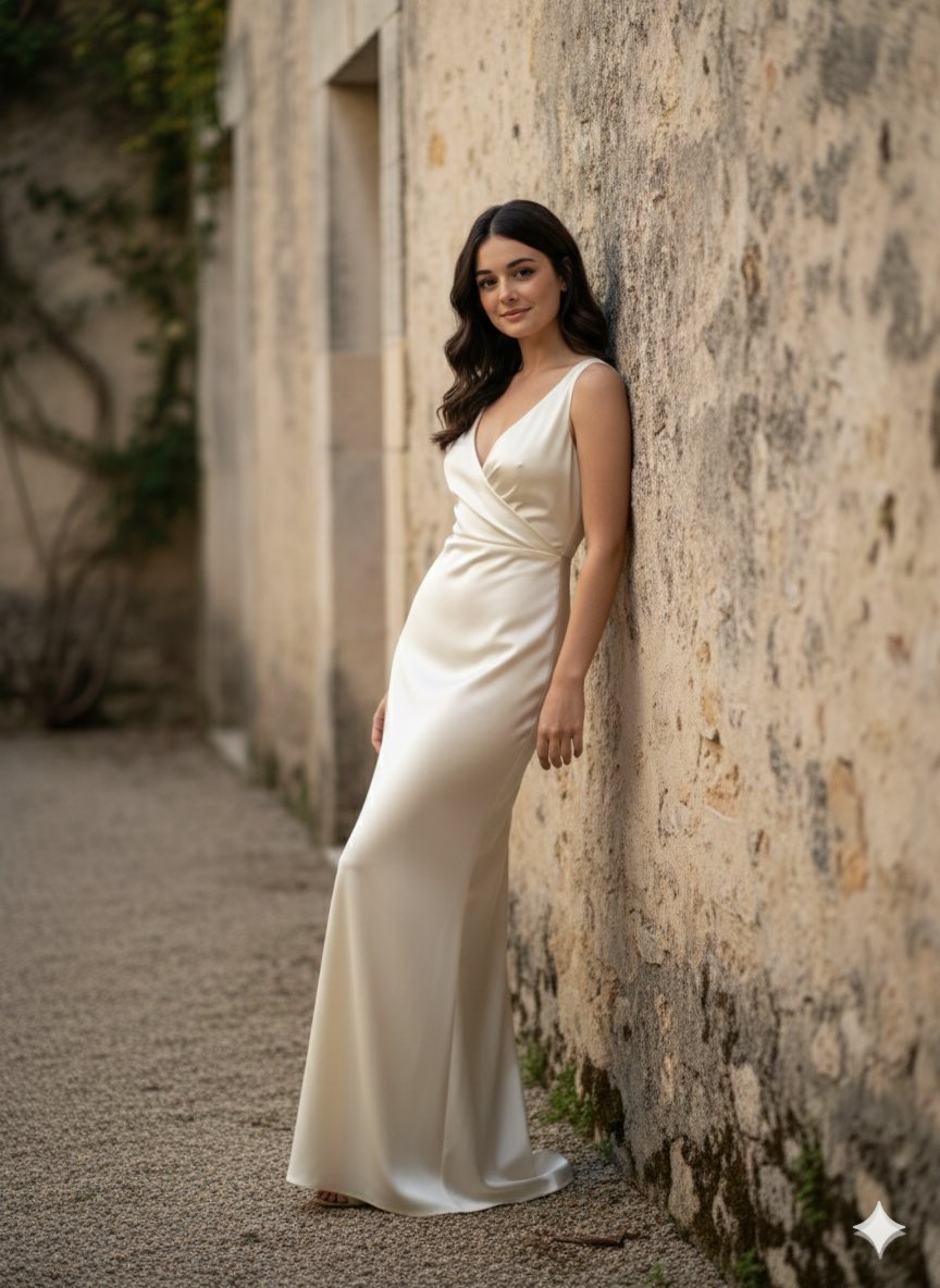 岁月石墙下的暖白丝绸静奢时尚人像