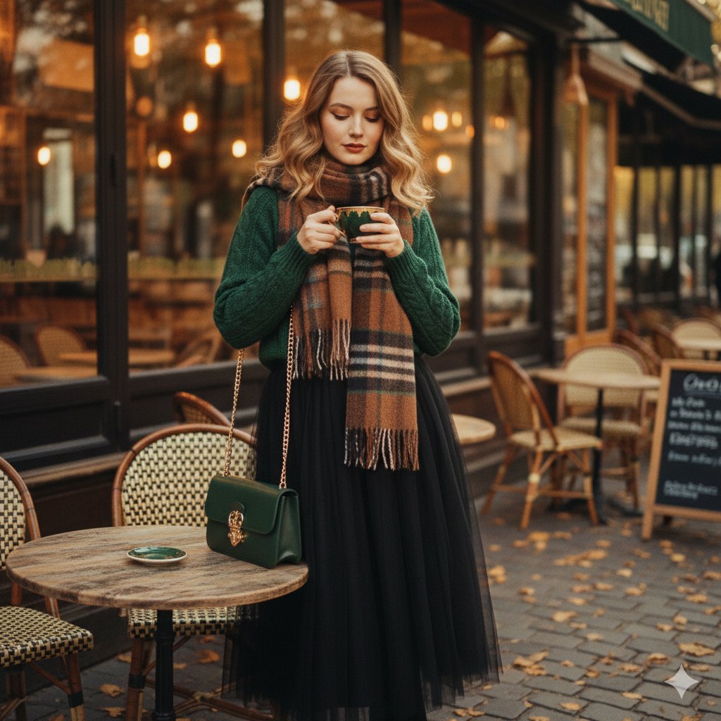 秋日街头咖啡馆的复古优雅人像