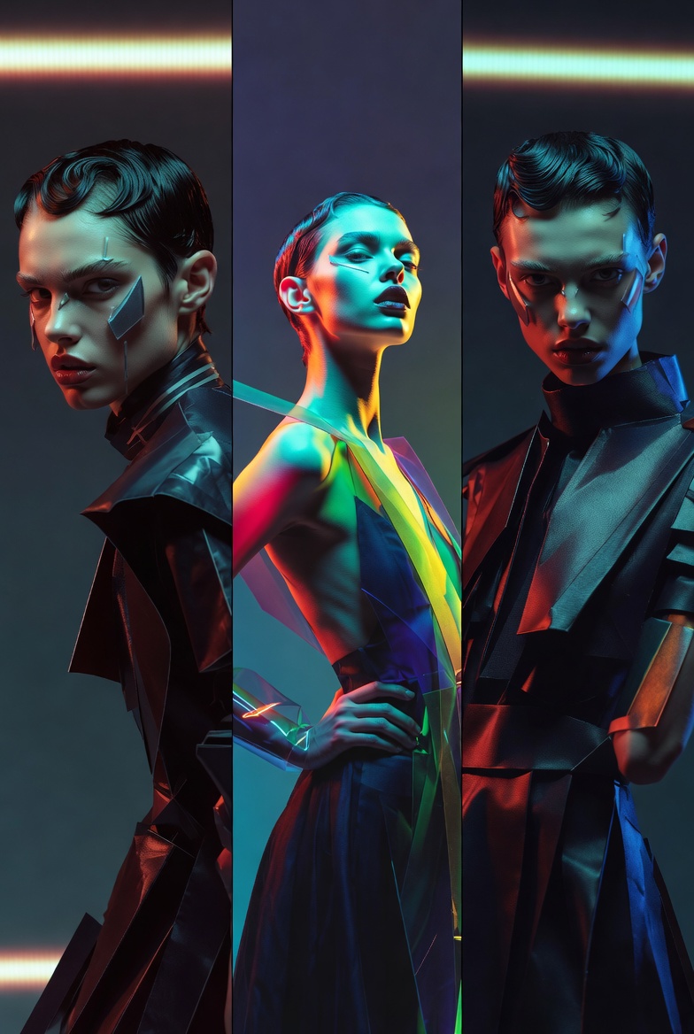 前卫时尚三联画：超模凌厉凝视