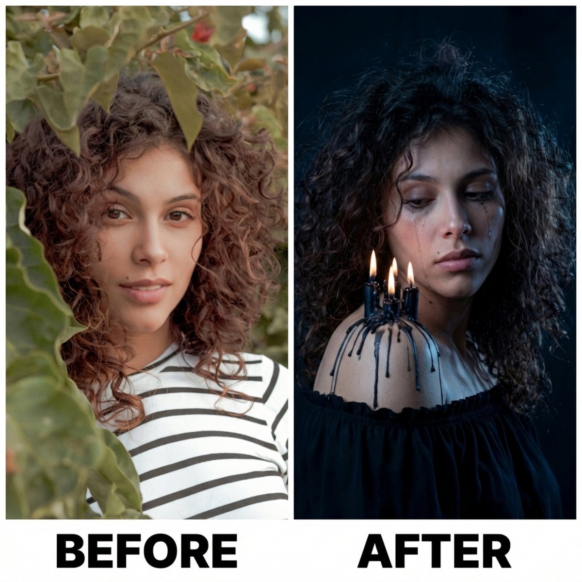 露肩黑烛滴蜡的悲伤少女