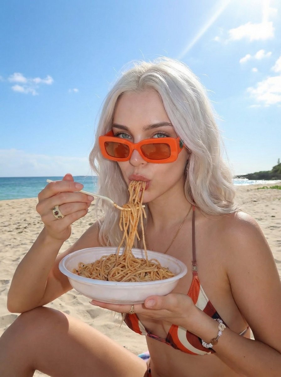 阳光碧海畔金发女孩吸溜意面的惬意瞬间