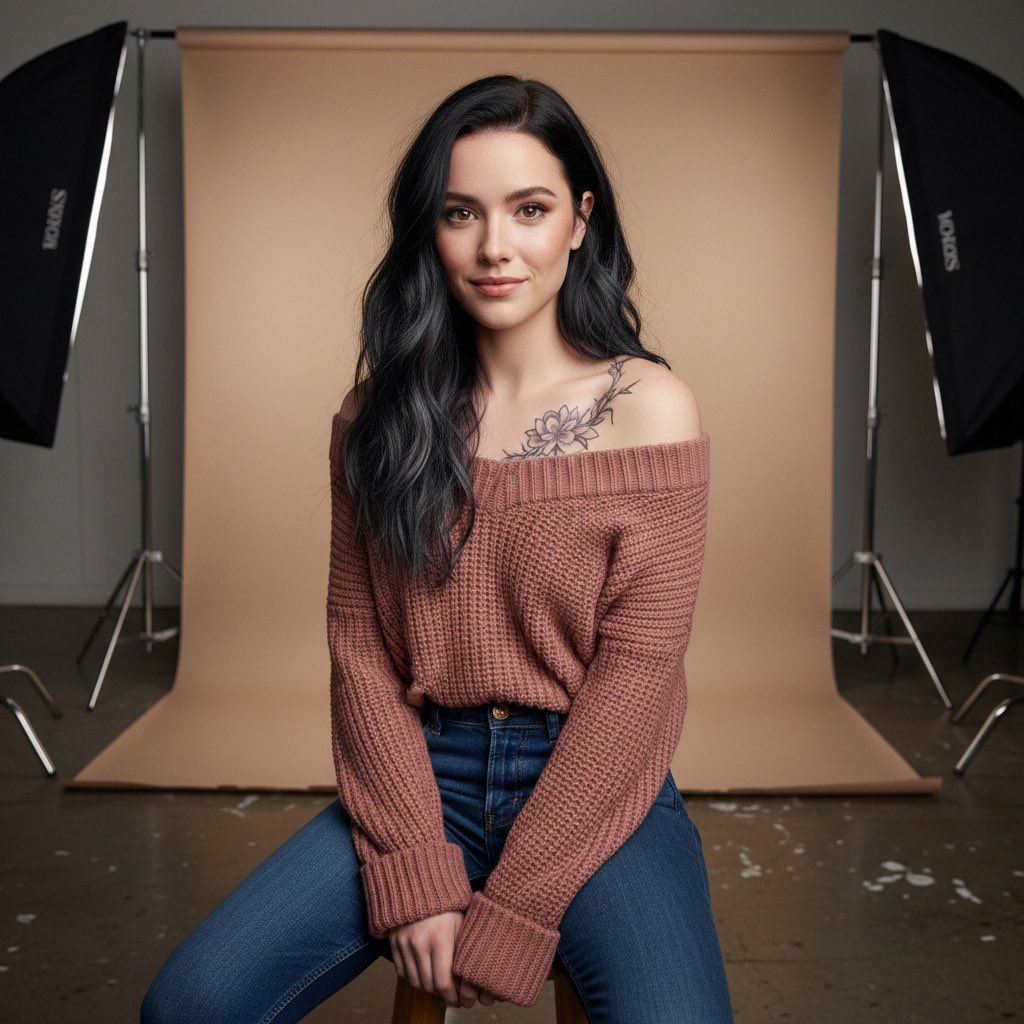 摄影棚幕后灰玫红毛衣肖像