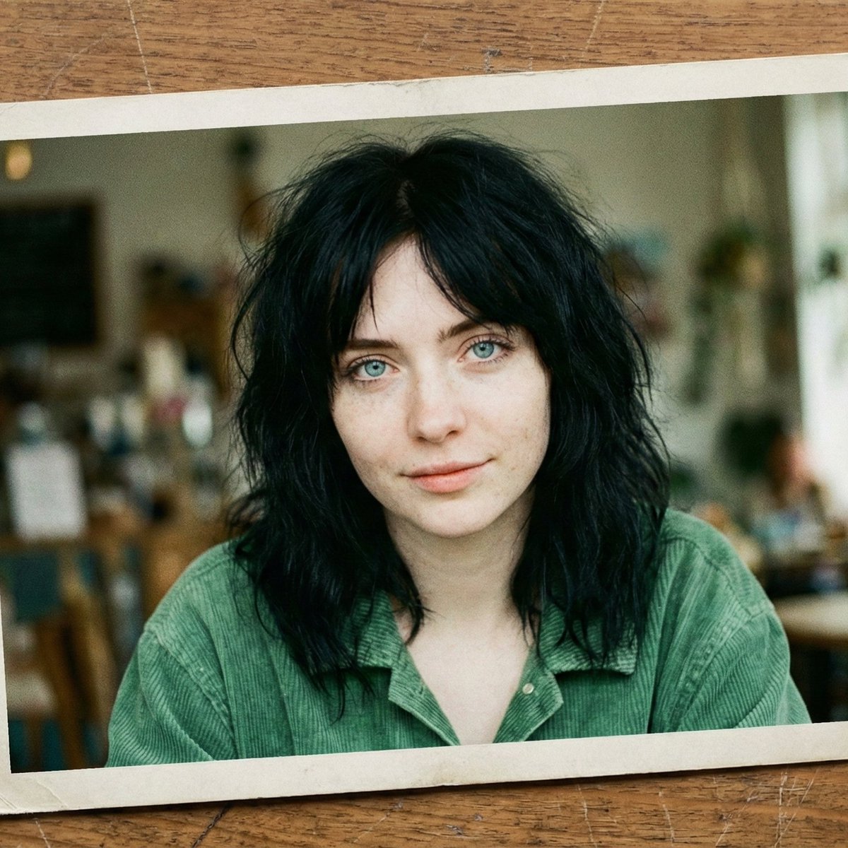 实体胶片照片上的黑发冰蓝眼复古少女