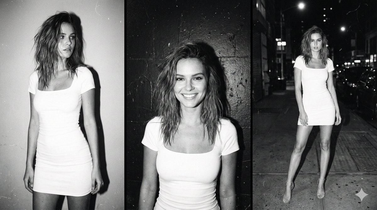 黑白胶片三联画：白裙魅影