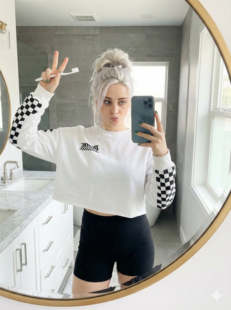 金发辣妹俏皮晨间浴室自拍