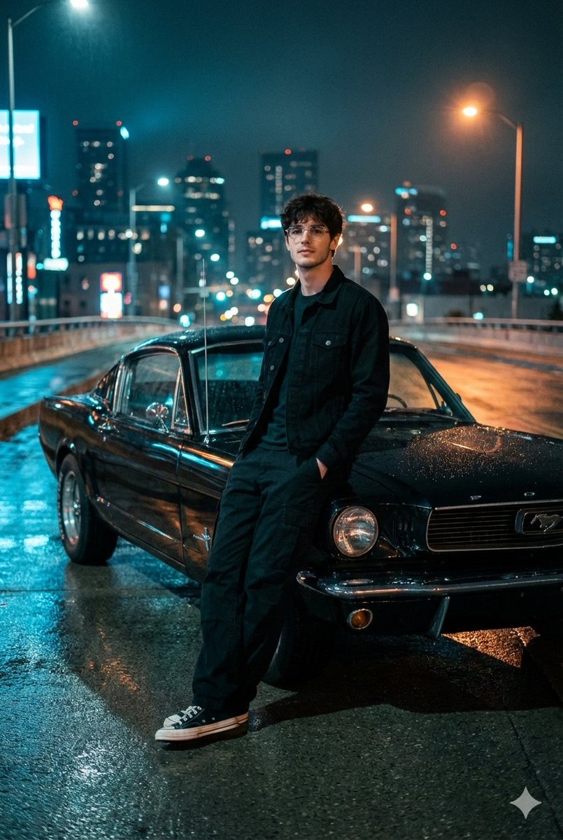 蓝调霓虹映照经典肌肉车