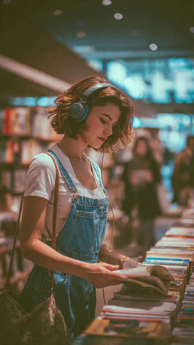 午后书店光影下的耳机少女阅读时光