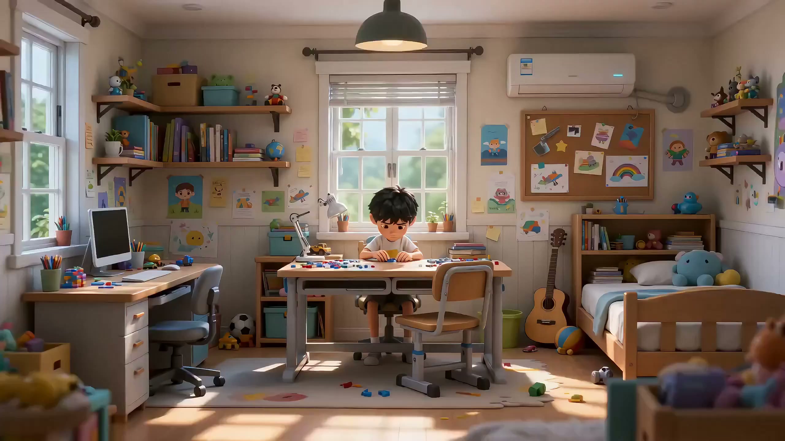 阳光下男孩专注组装乐高的童趣时光