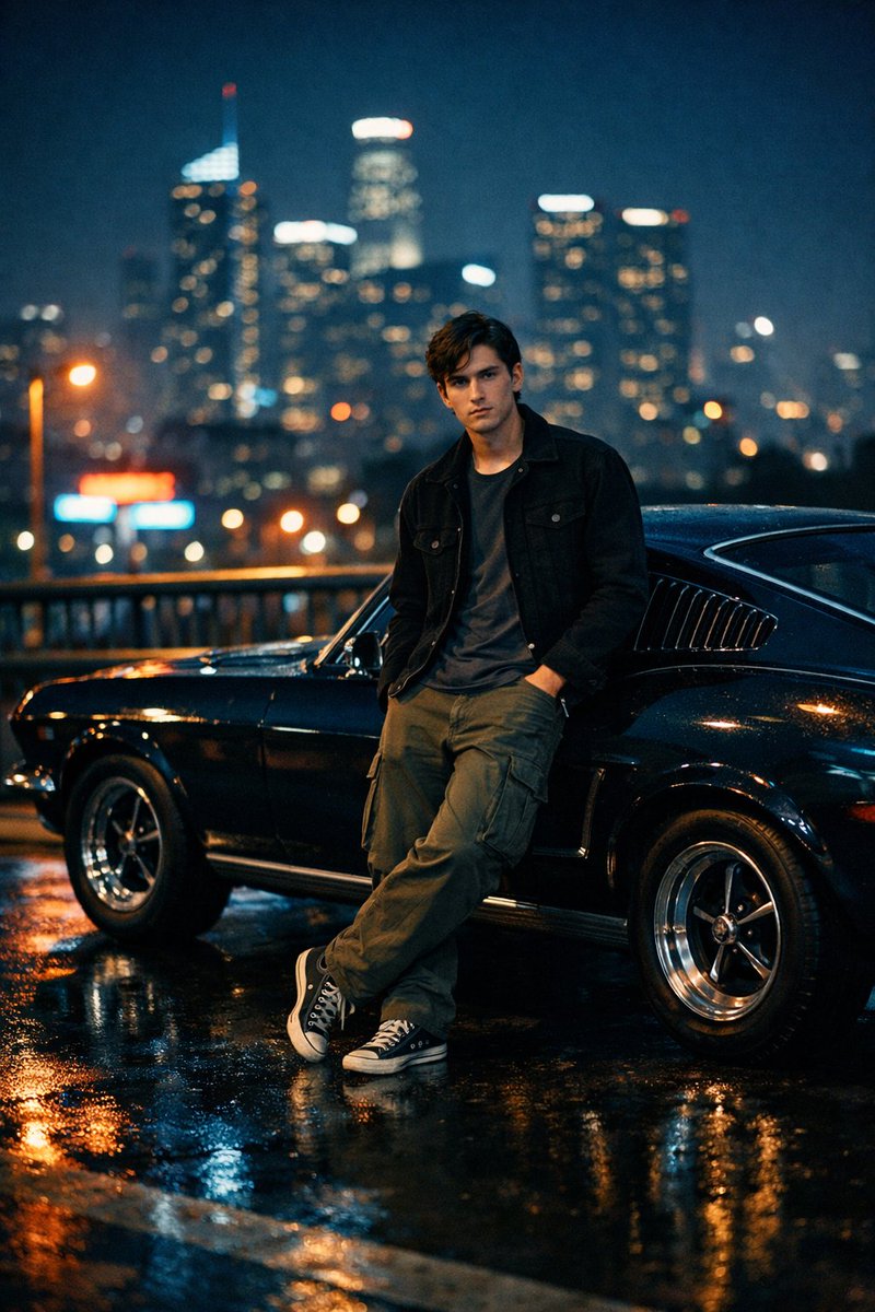 电影感夜色下的经典黑色野马