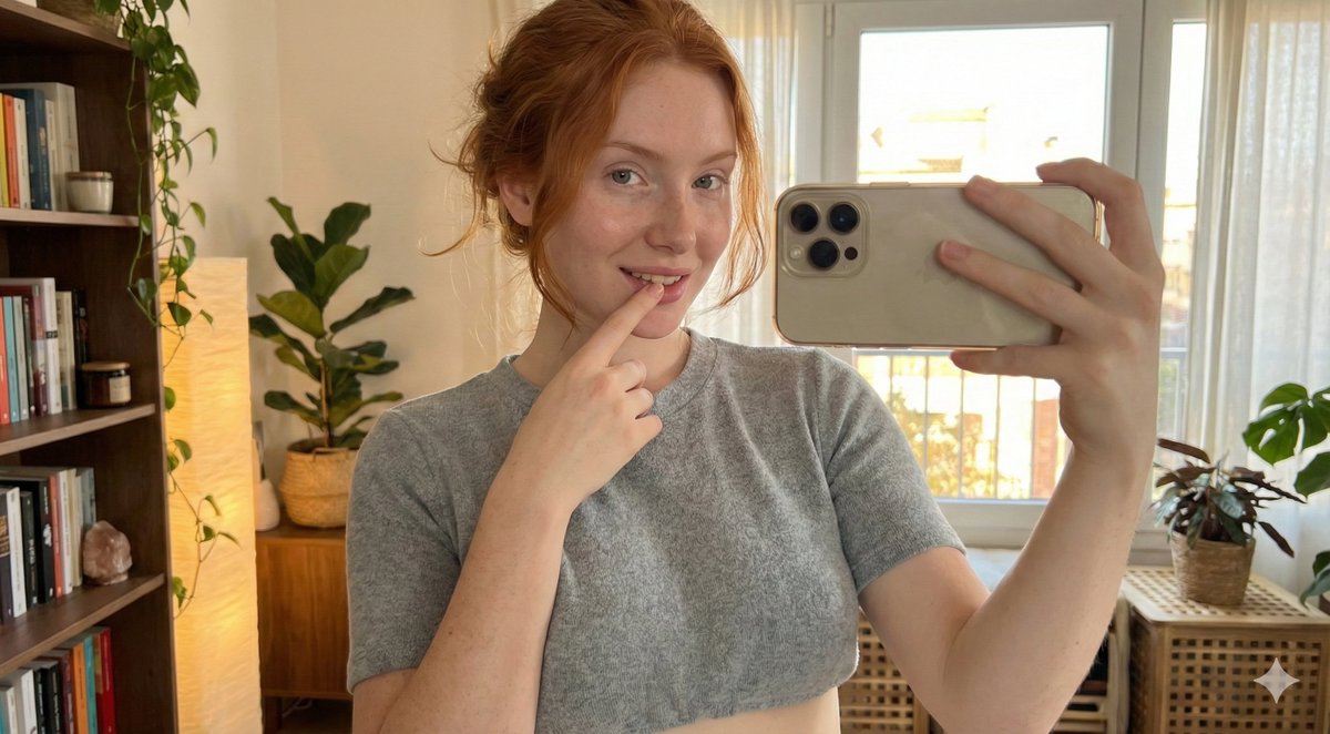 温馨居家红发少女俏皮指尖自拍