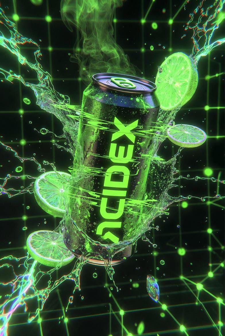 赛博霓虹风悬浮能量饮料与青柠爆炸瞬间