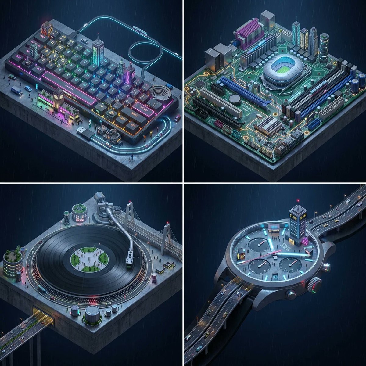 赛博朋克风格的物品微缩城市景观