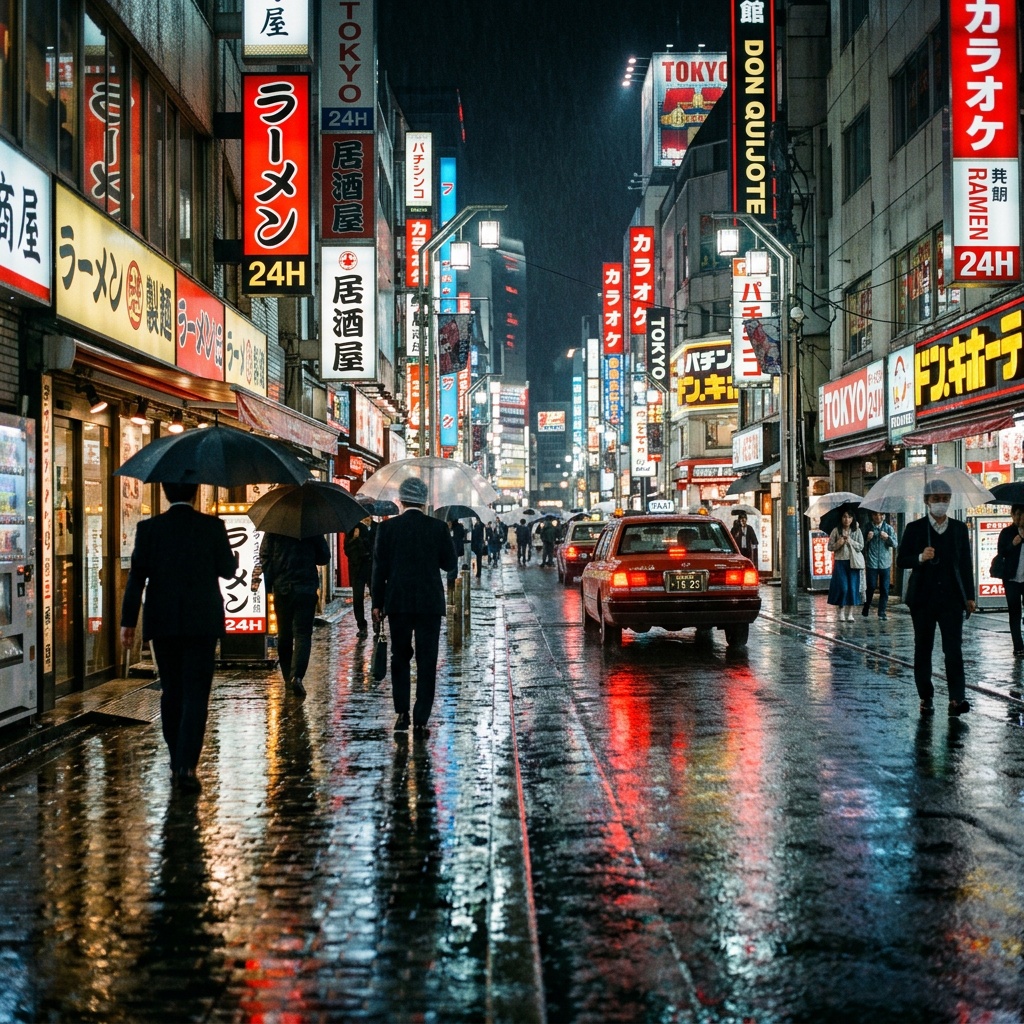 赛博朋克风东京雨夜霓虹街道