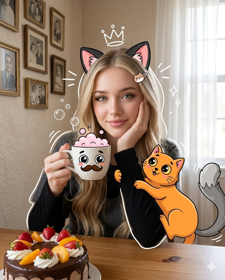 梦幻少女与卡通萌猫的温馨午后