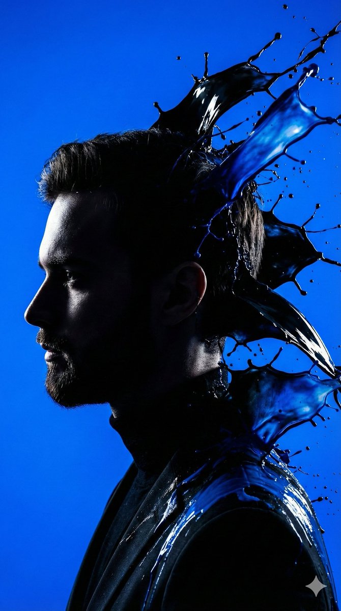 电光蓝背景下爆发飞溅的剪影侧颜