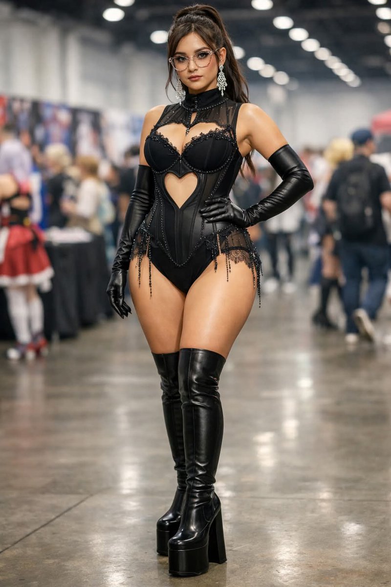 展会女王：蕾丝皮革御姐自信摆拍