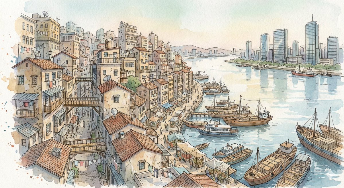 奇幻手绘水彩山城画卷