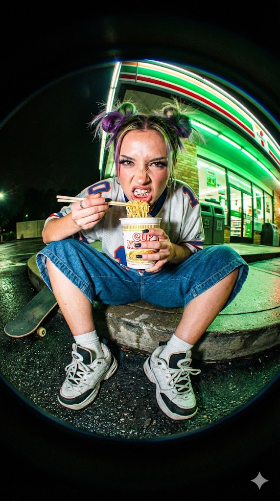 鱼眼镜头下的霓虹街头叛逆少女