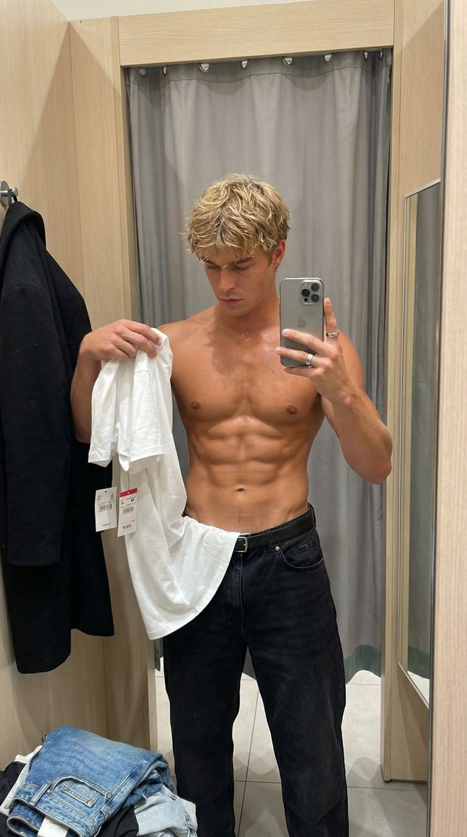 试衣间镜面自拍：型男展露完美腹肌