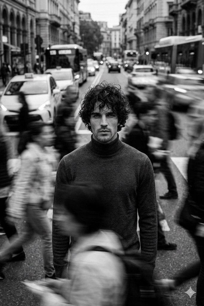 熙攘人群中静止的孤独青年