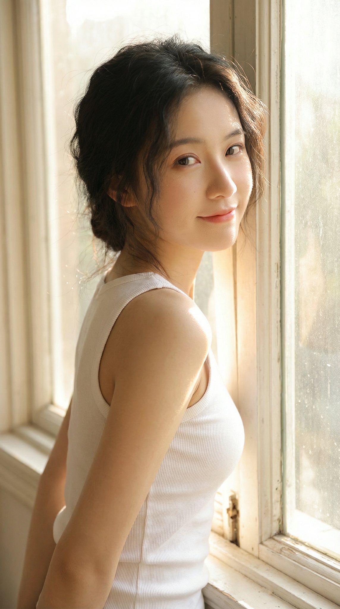 逆光窗边的温柔回眸