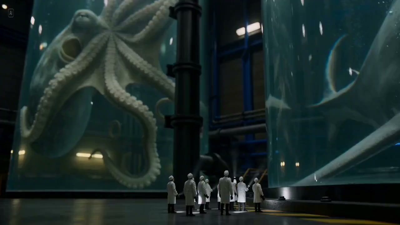 深海巨兽标本与渺小科学家的对视