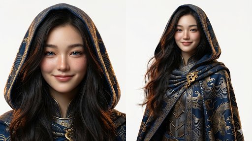 金纹蓝袍贵族女战士的特写与半身设计