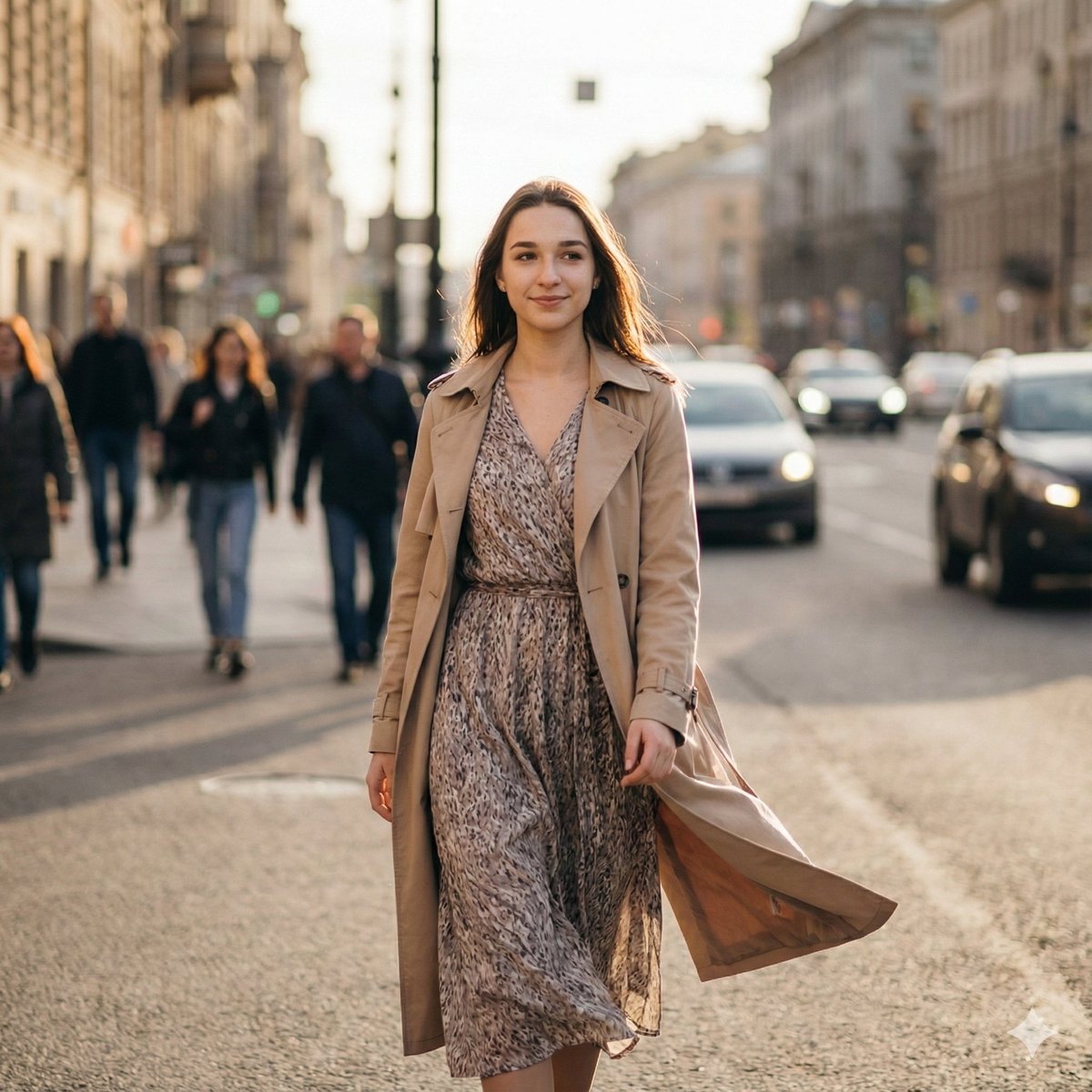 黄金时刻繁华街头自信漫步的写实少女