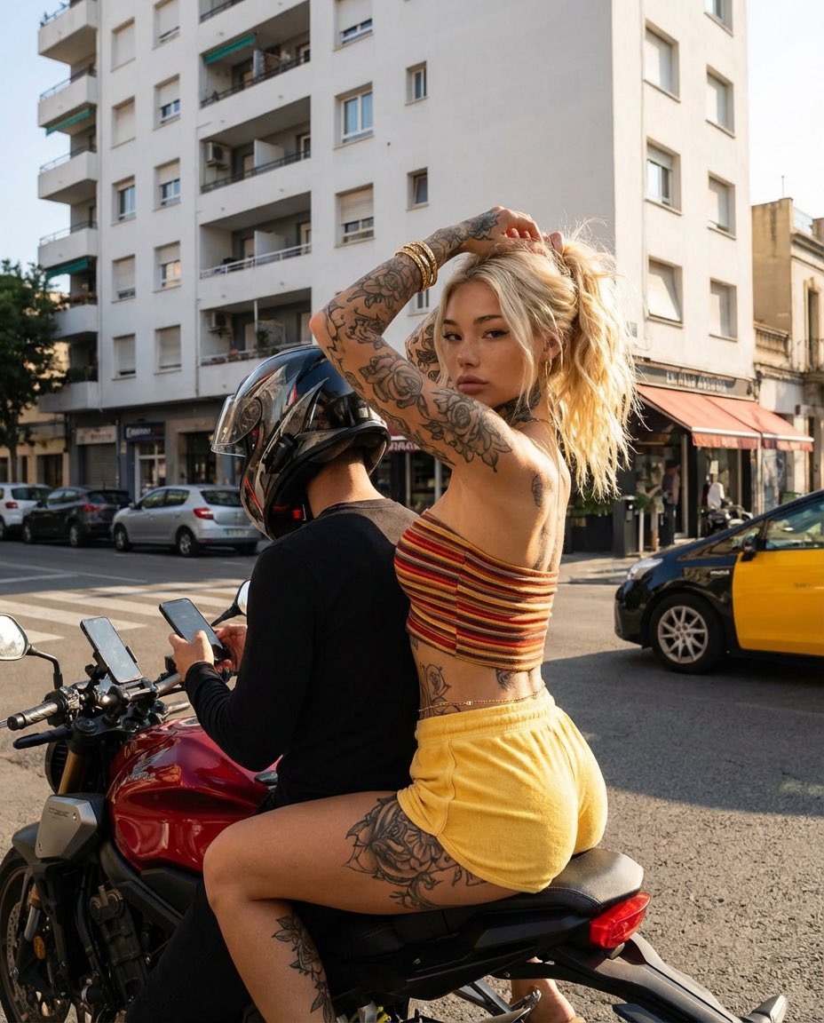 金色夕阳下的纹身机车辣妹