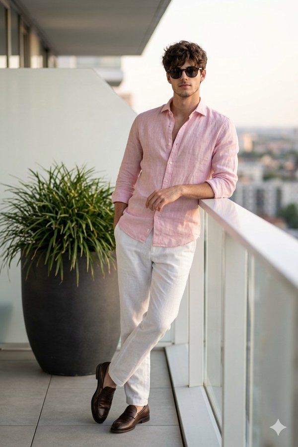 金色夕阳下奢华阳台的自信型男时尚大片