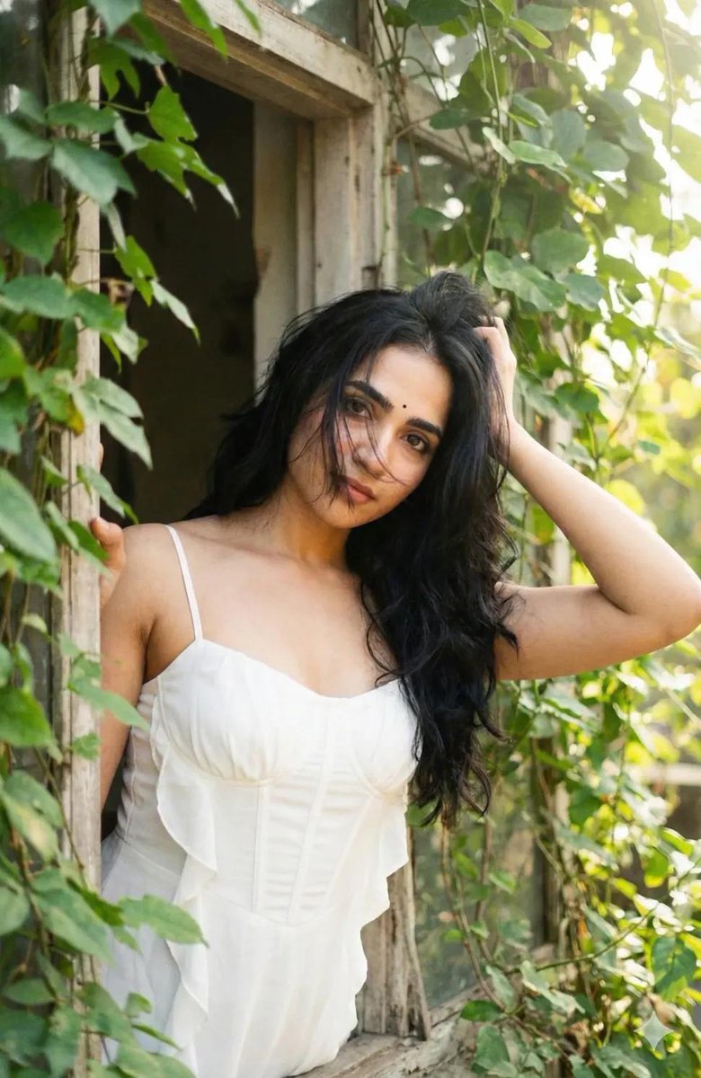 绿意窗边身穿吊带裙的清秀少女胶片写真