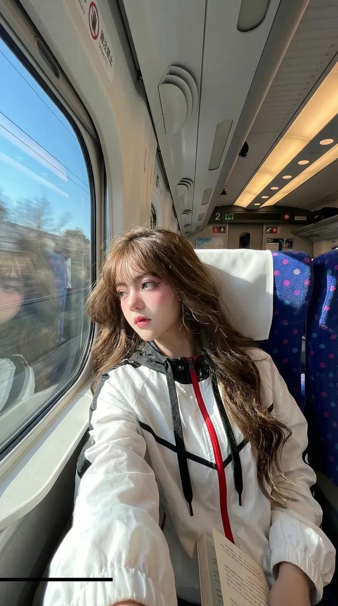 阳光高铁上的帅气亚洲青年写实自拍