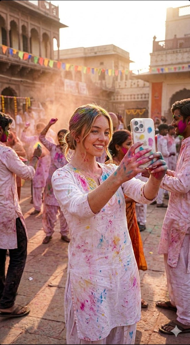 洒红节庭院里的缤纷镜中自拍