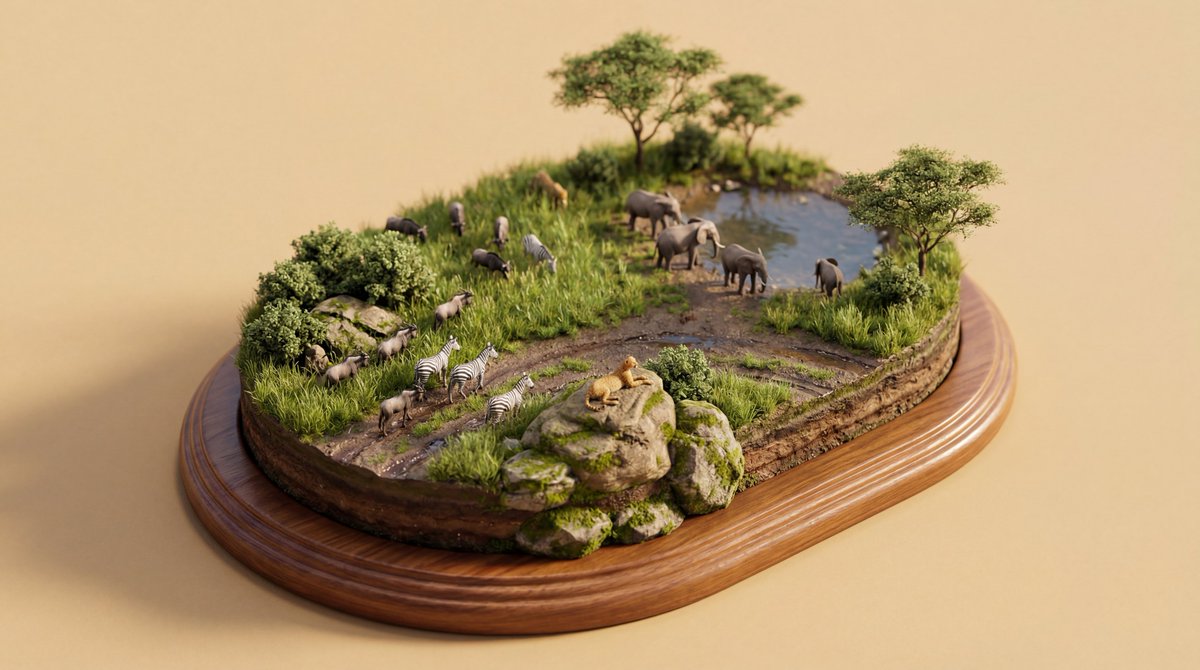 俯视微缩野生动物生态沙盘