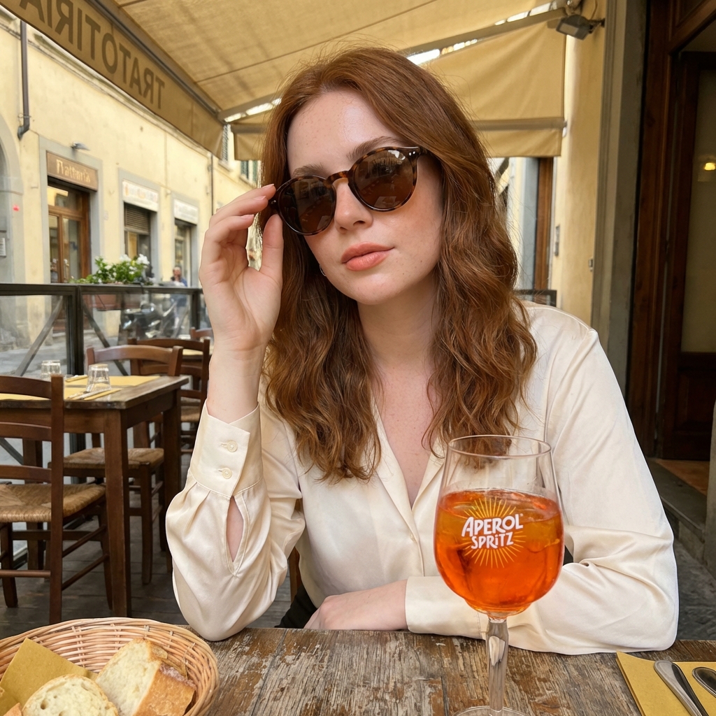 意式黄昏下的墨镜红发女郎