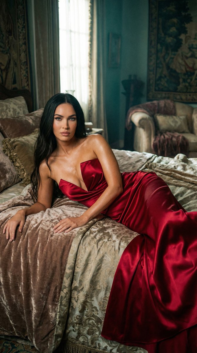 慵懒红裙美人侧卧床榻的奢华电影感