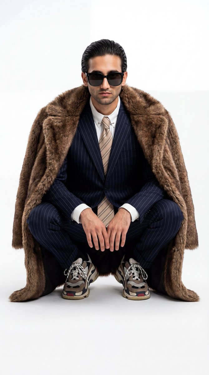 奢华皮草西装男模蹲姿写真