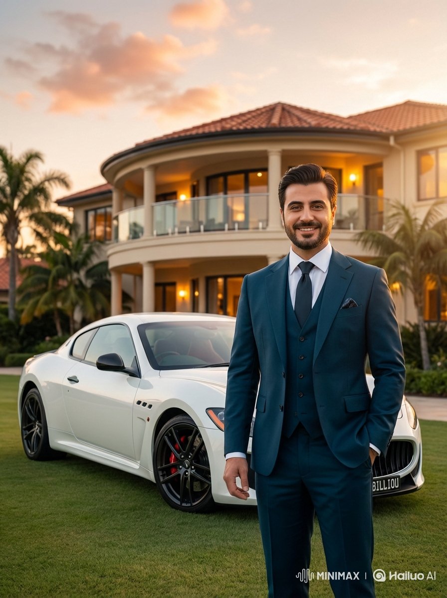 夕阳下的豪宅跑车绅士