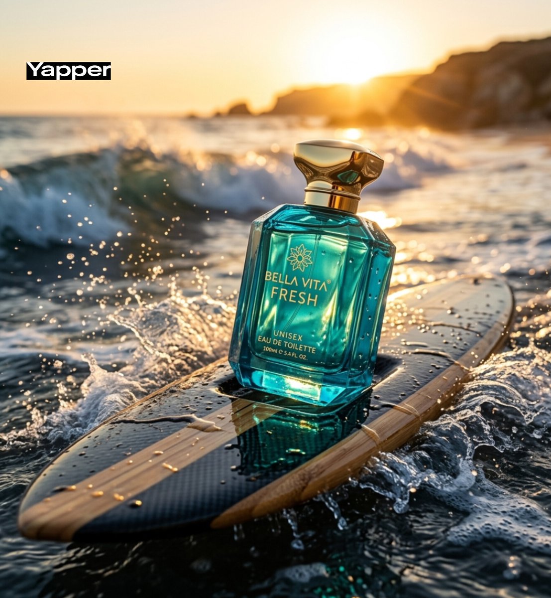 金色夕阳冲浪板上的奢华香水大片