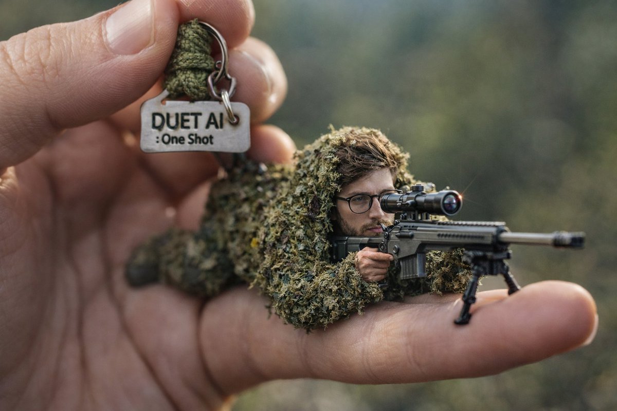 巨手掌心的微缩狙击手超写实特写