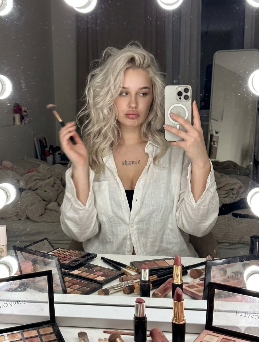 慵懒金发女郎的深夜梳妆镜面自拍