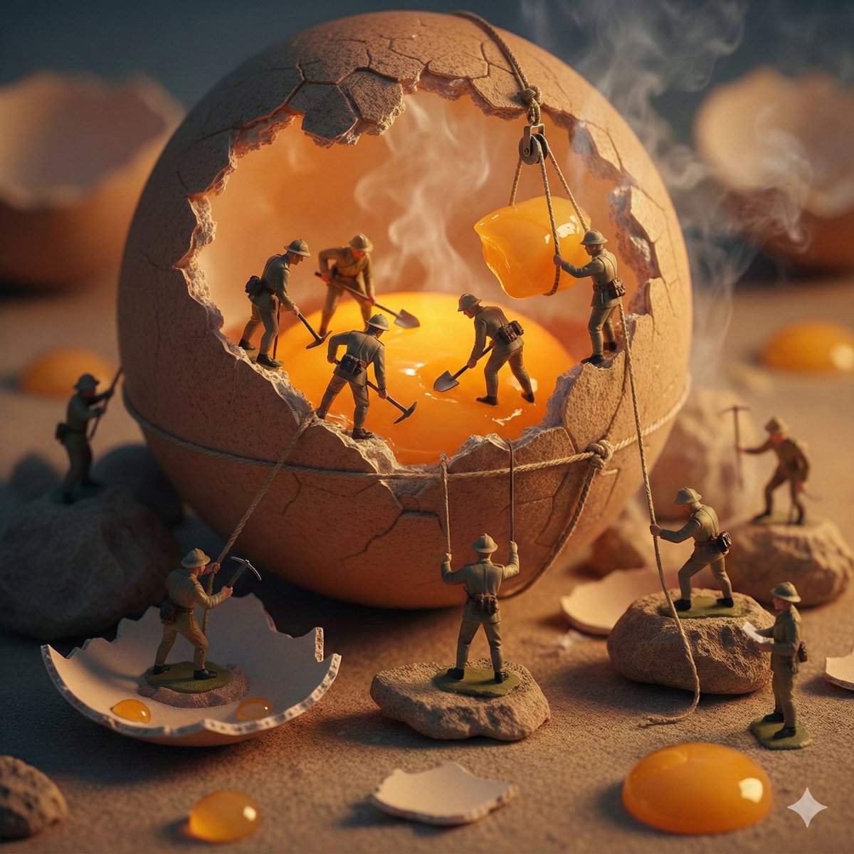 微缩玩具兵攀登发光巨蛋壳