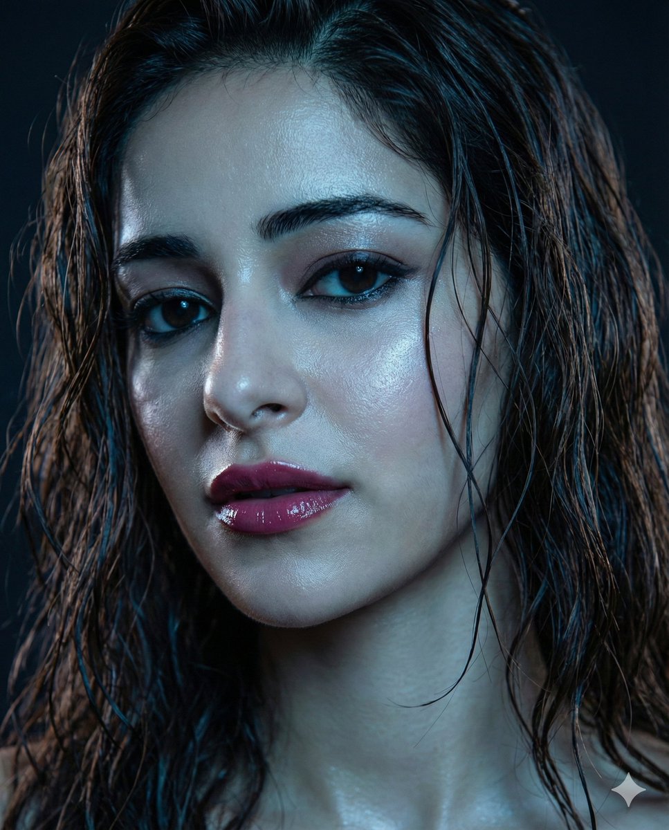 蓝调光影下的湿润发丝少女特写