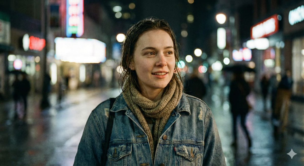 霓虹城市夜晚街头电影感超写实女孩