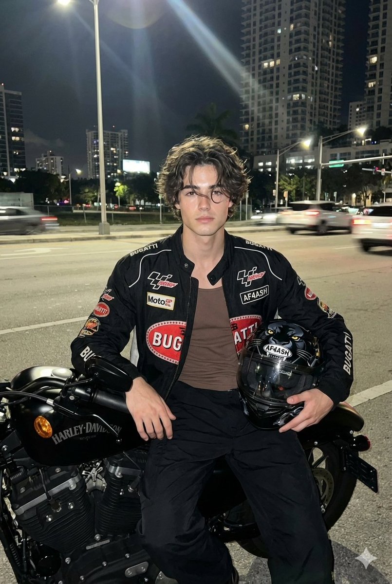 夜骑哈雷摩托的都市街头闪光灯写实照