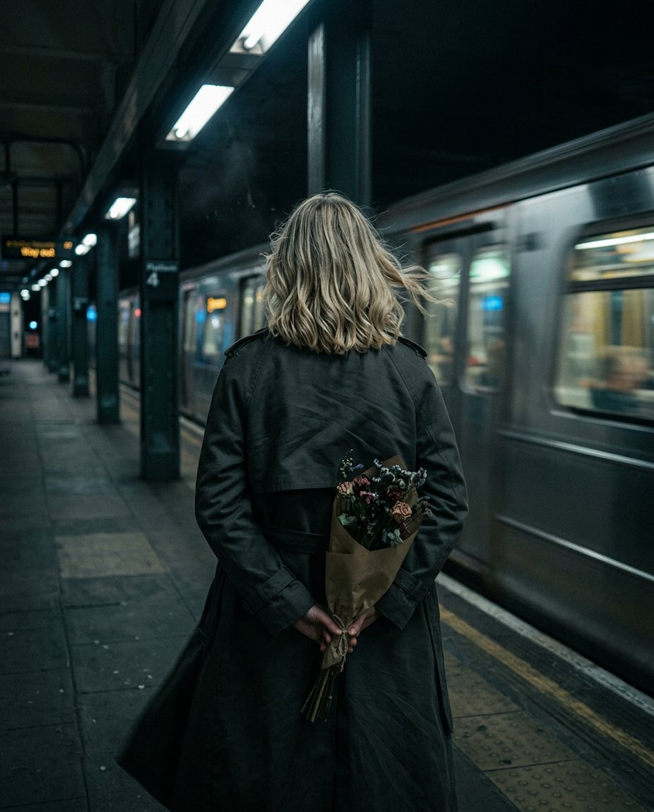 夜风中手捧花束的静谧回眸