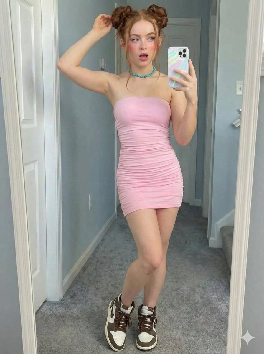 粉色紧身裙少女俏皮镜面自拍