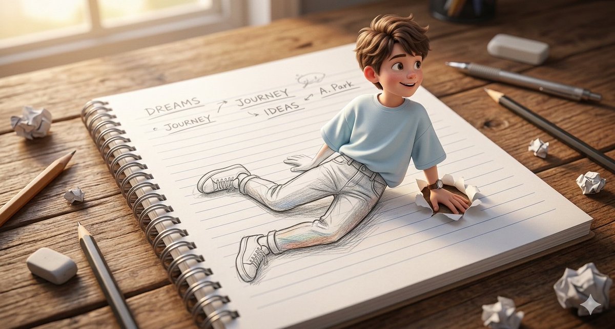 笔记本中走出的皮克斯风格少年