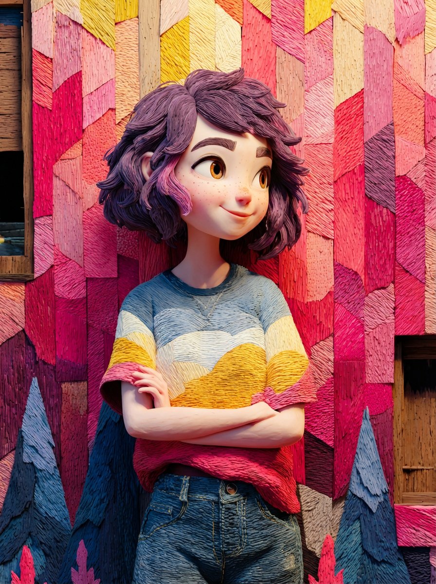 皮克斯风格色彩斑斓木墙前的治愈少女